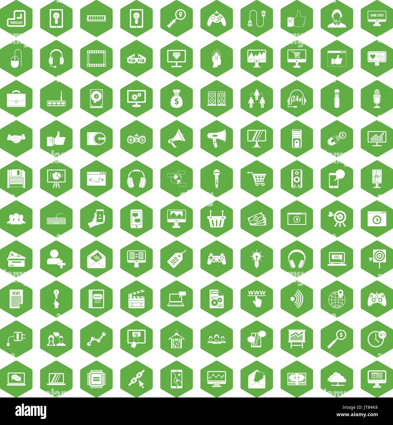 100 web and mobile icons hexagon green Stock Vector