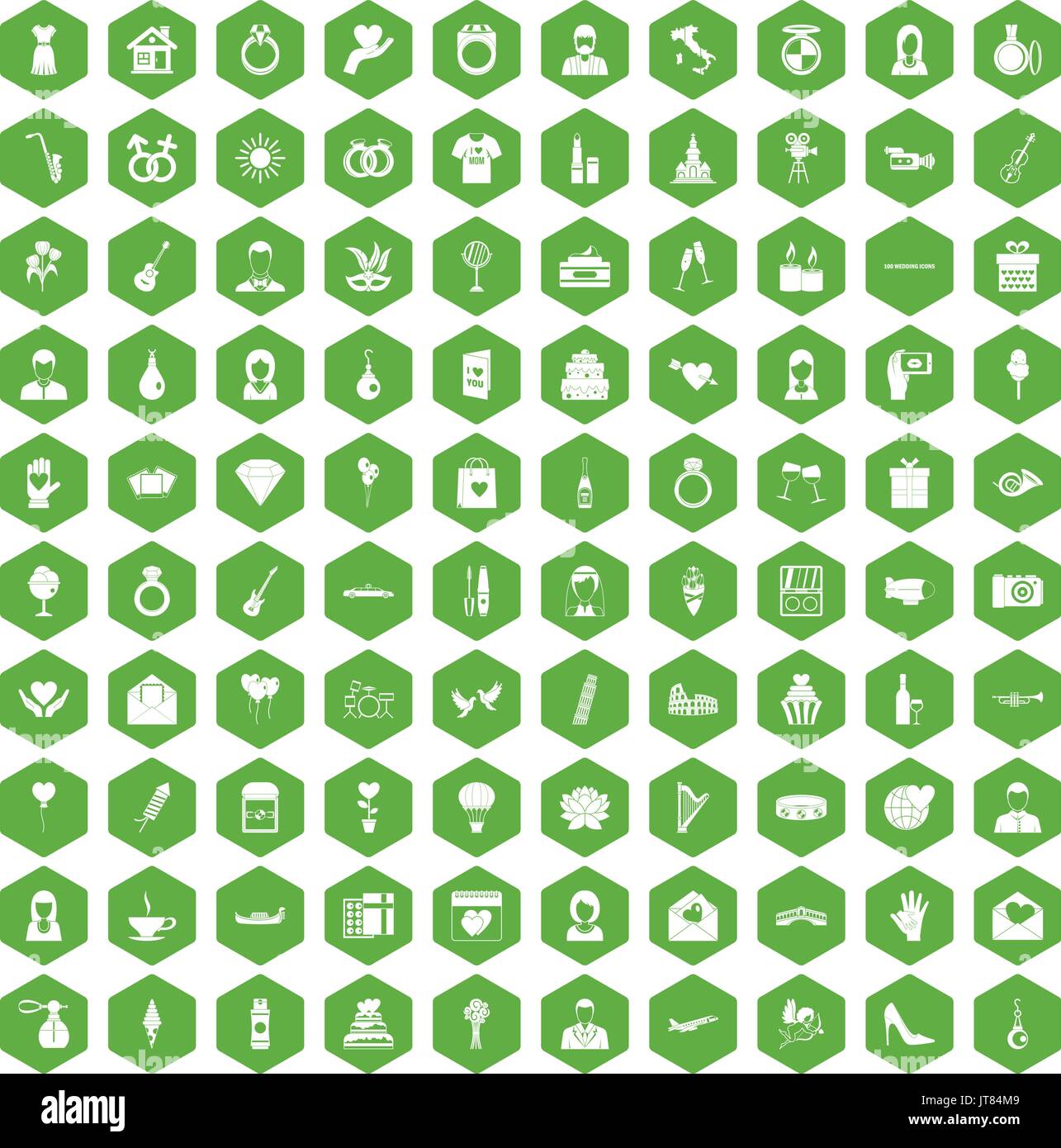 100 wedding icons hexagon green Stock Vector