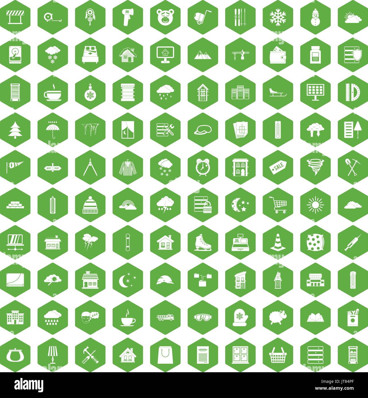 100 windows icons hexagon green Stock Vector