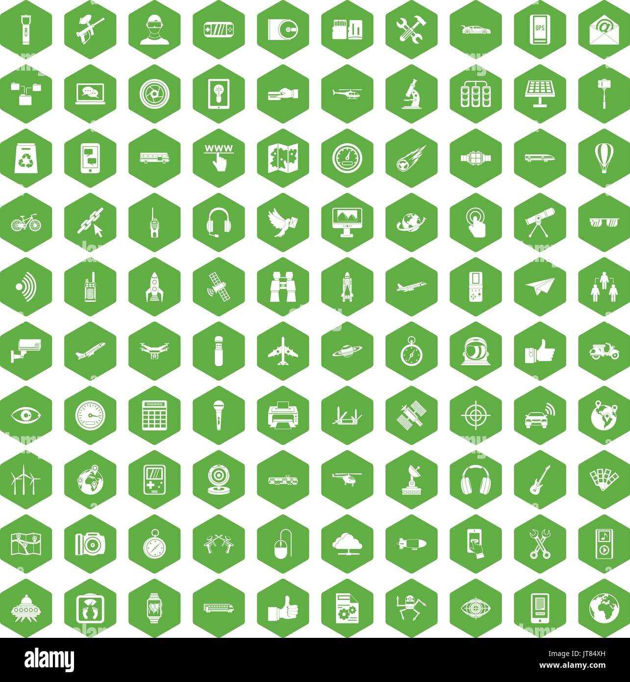 100 wireless technology icons hexagon green Stock Vector