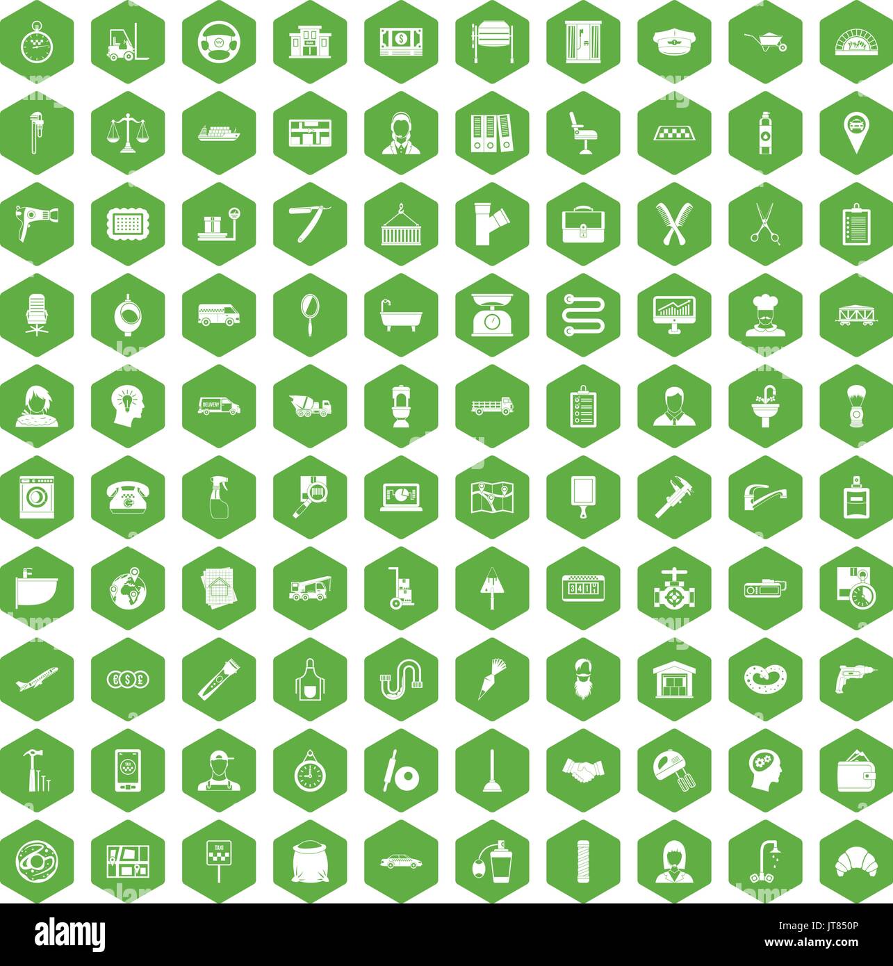 100 work icons hexagon green Stock Vector