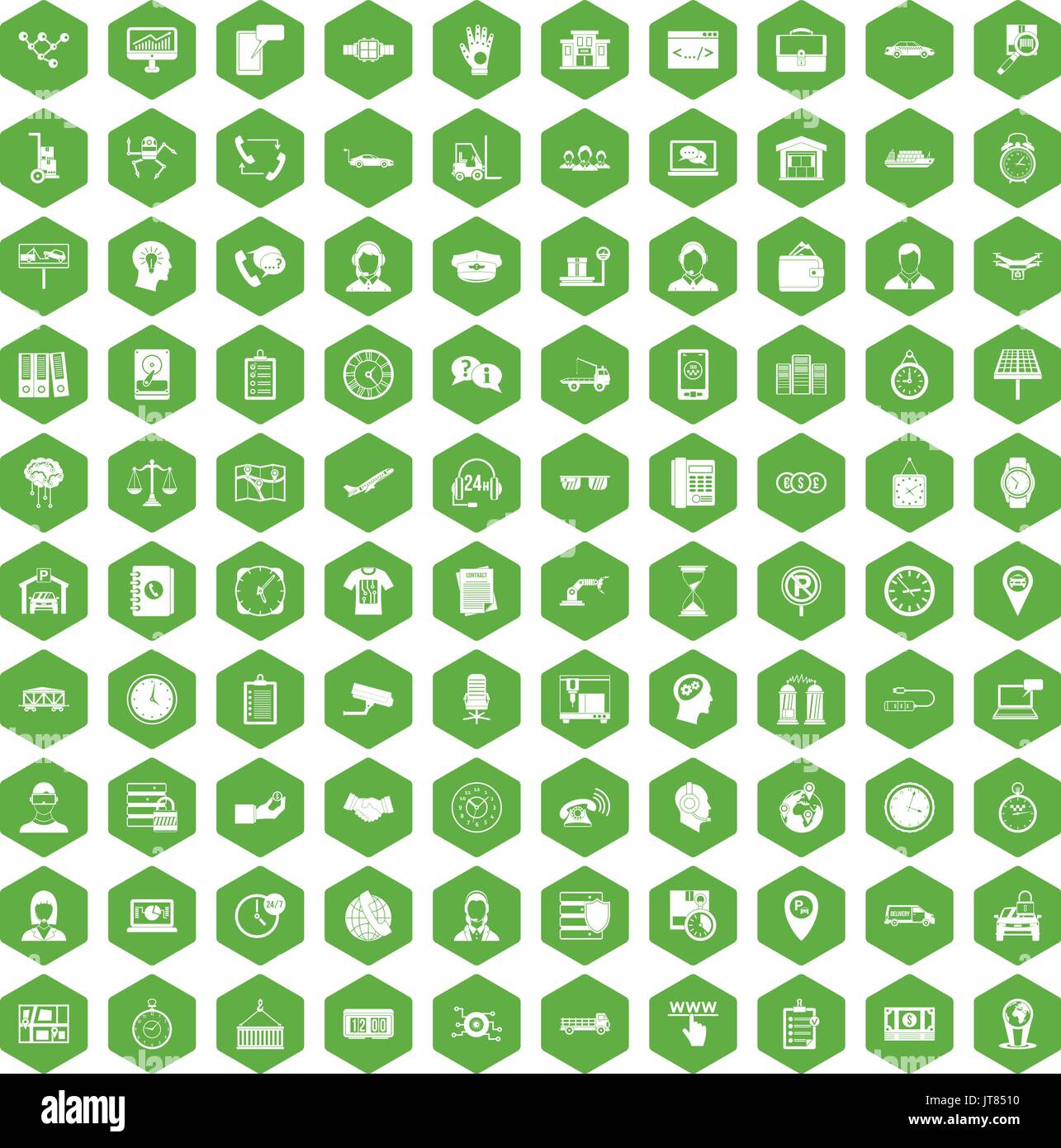 100 working hours icons hexagon green Stock Vector