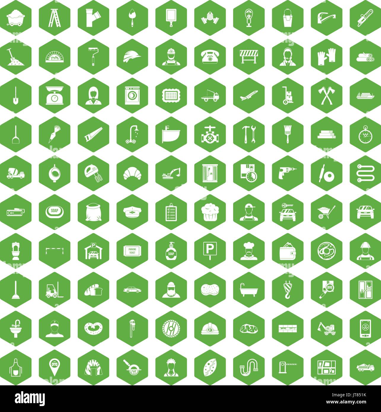 100 working professions icons hexagon green Stock Vector