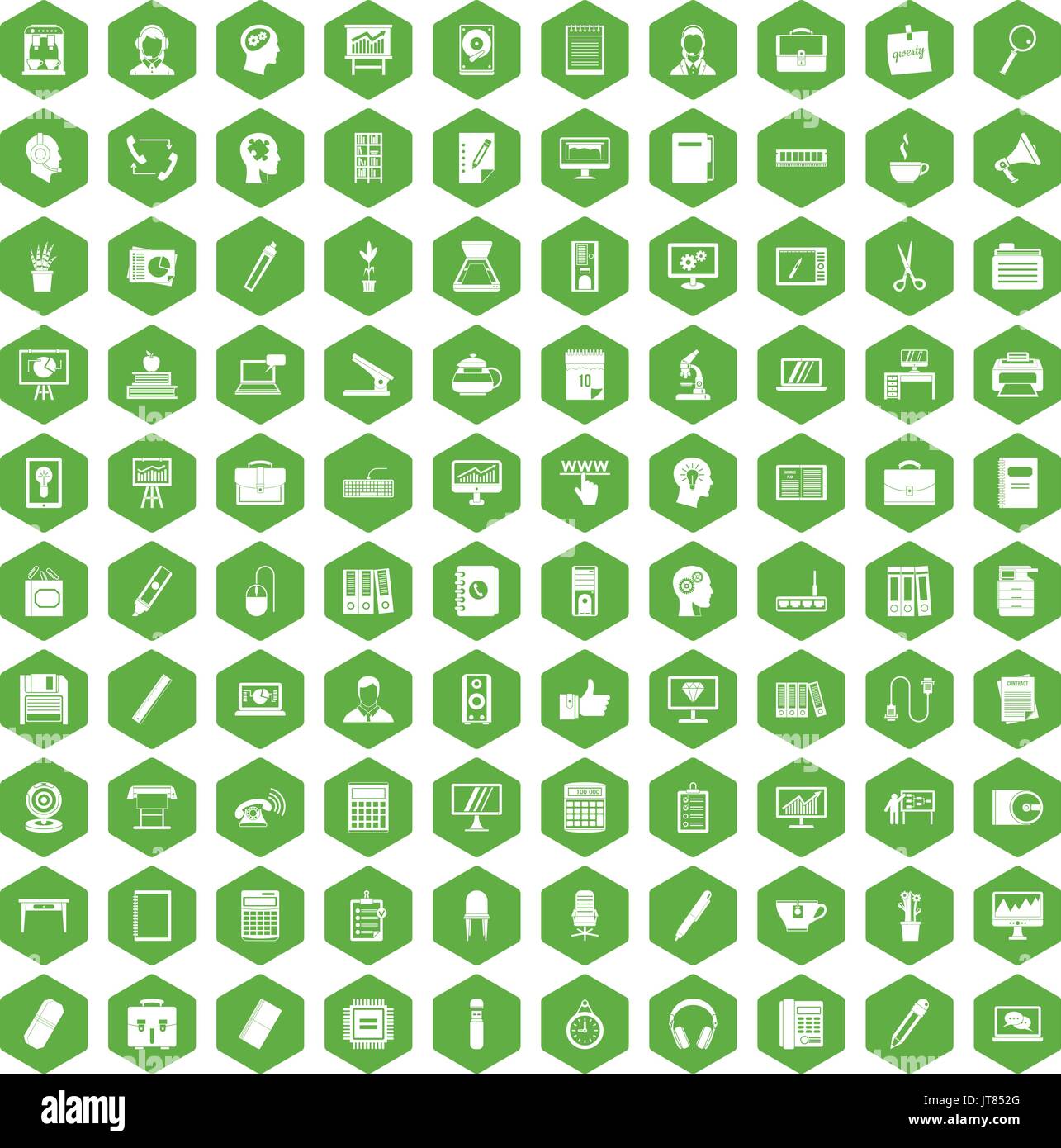100 work space icons hexagon green Stock Vector