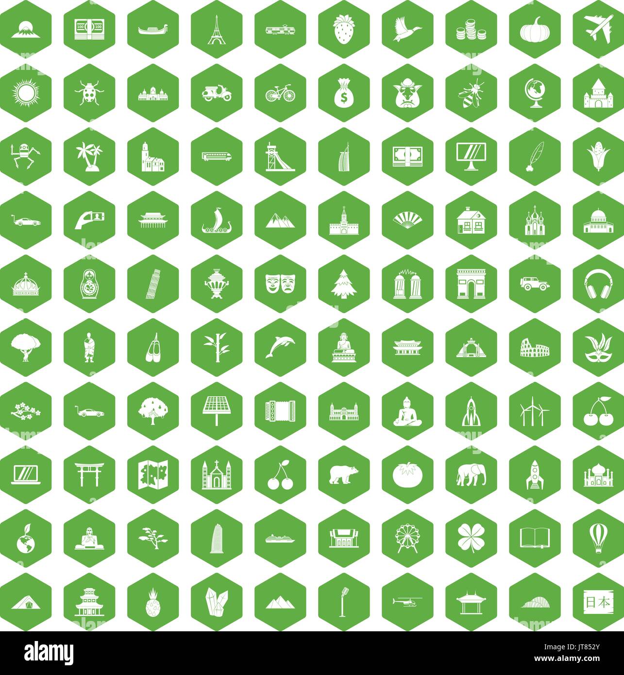 100 world icons hexagon green Stock Vector