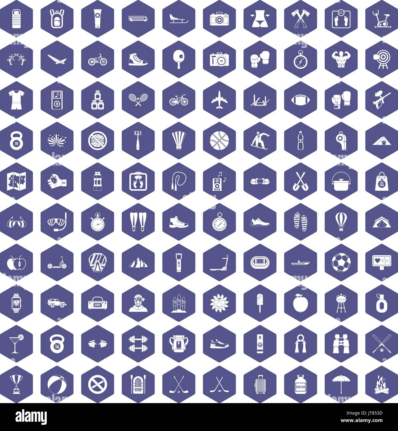 100 active life icons hexagon purple Stock Vector