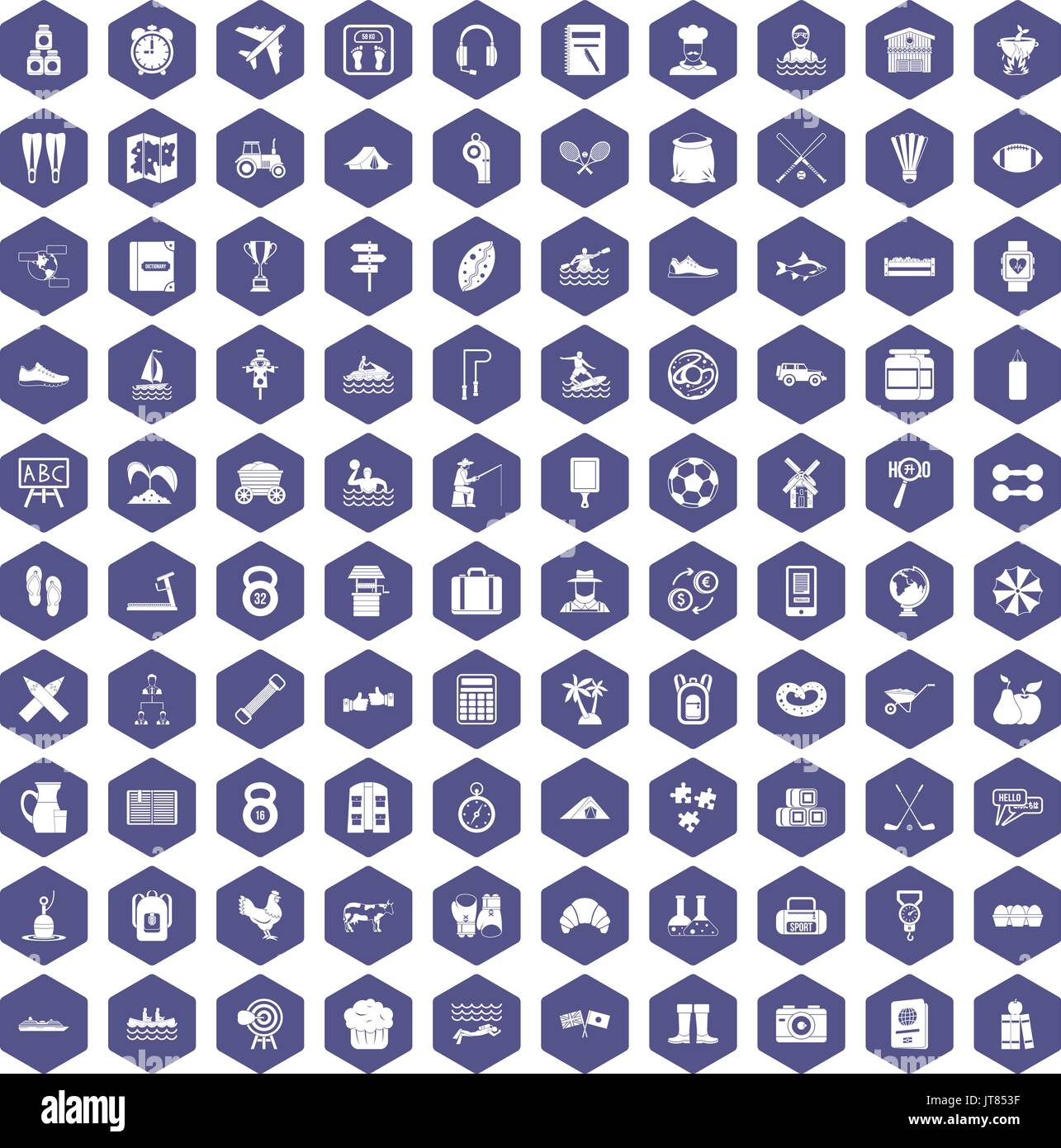 100 activity icons hexagon purple Stock Vector