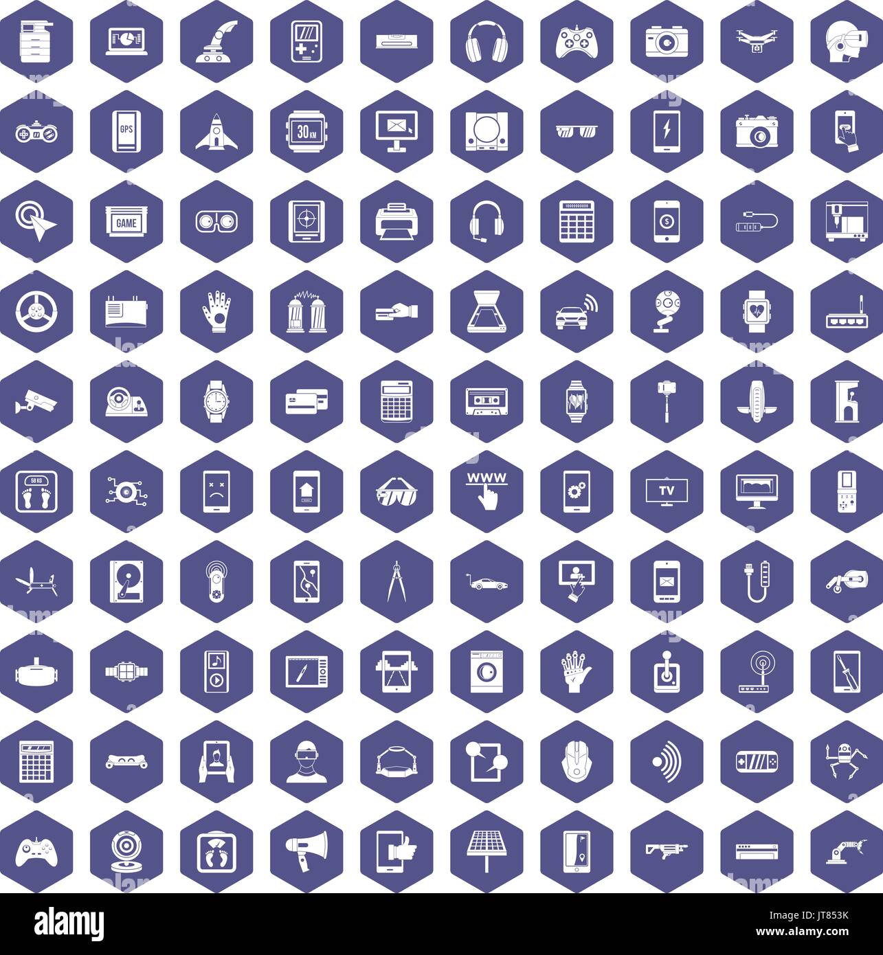 100 adjustment icons hexagon purple Stock Vector