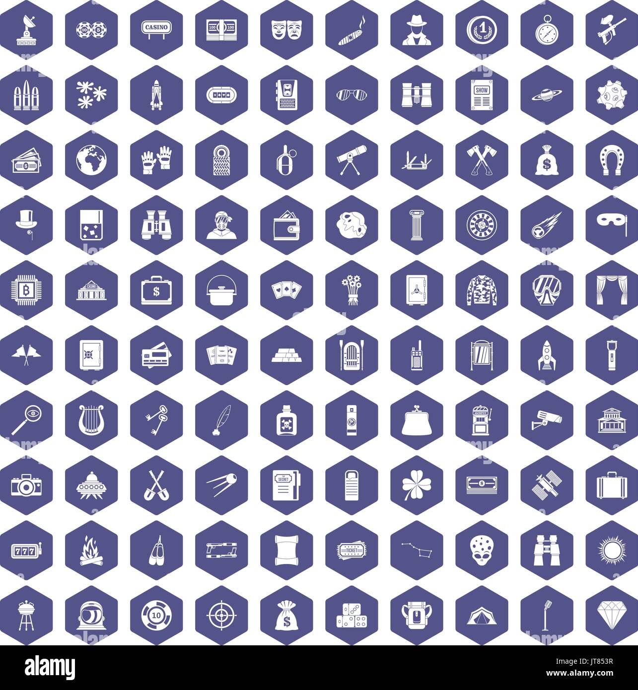 100 adult games icons hexagon purple Stock Vector