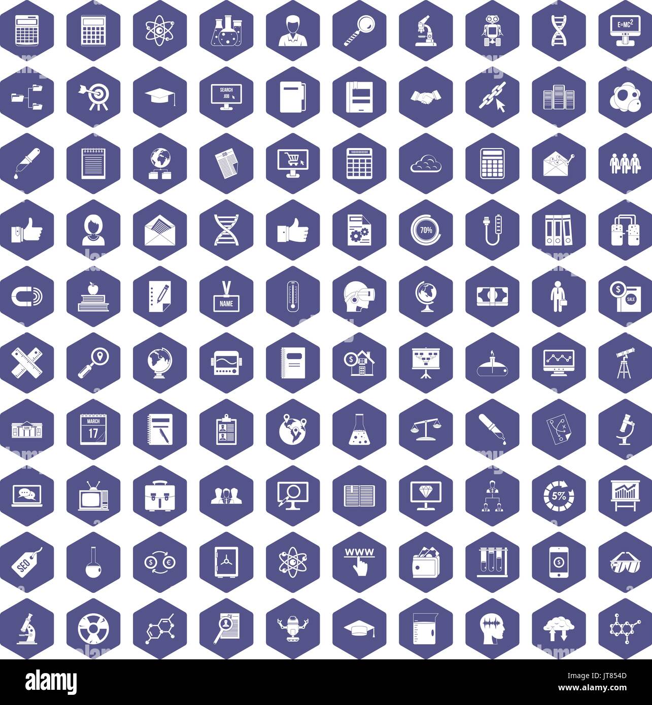 100 analytics icons hexagon purple Stock Vector