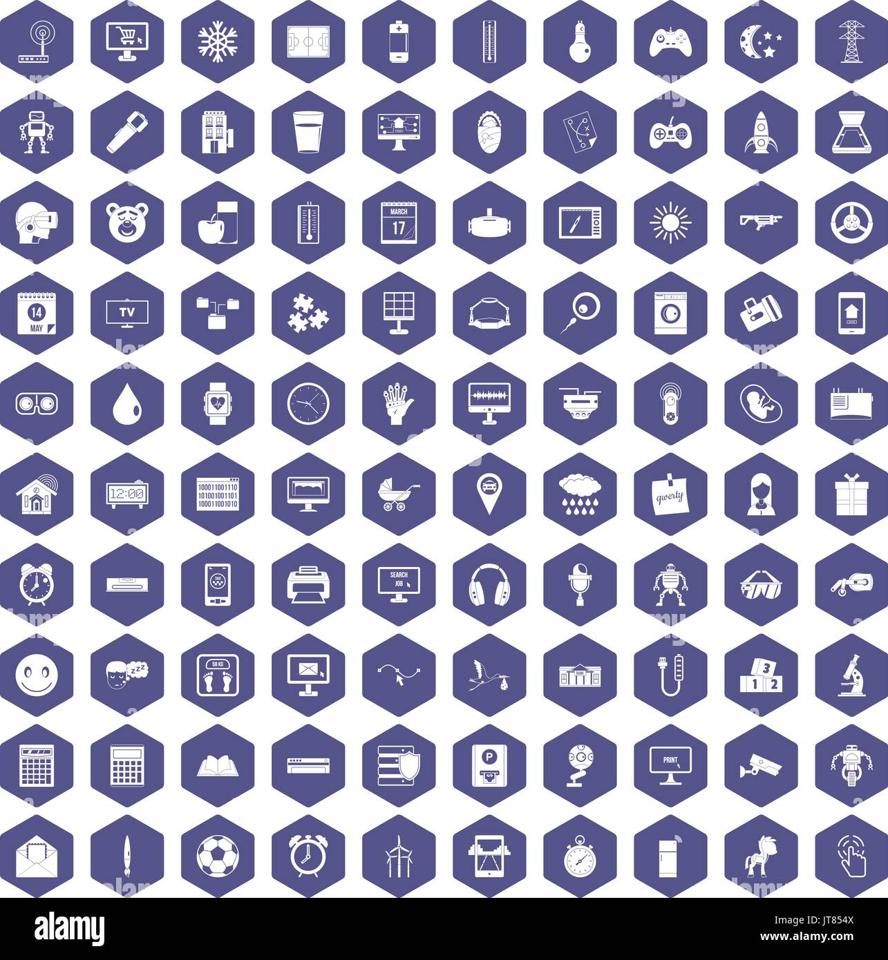 100 app icons hexagon purple Stock Vector