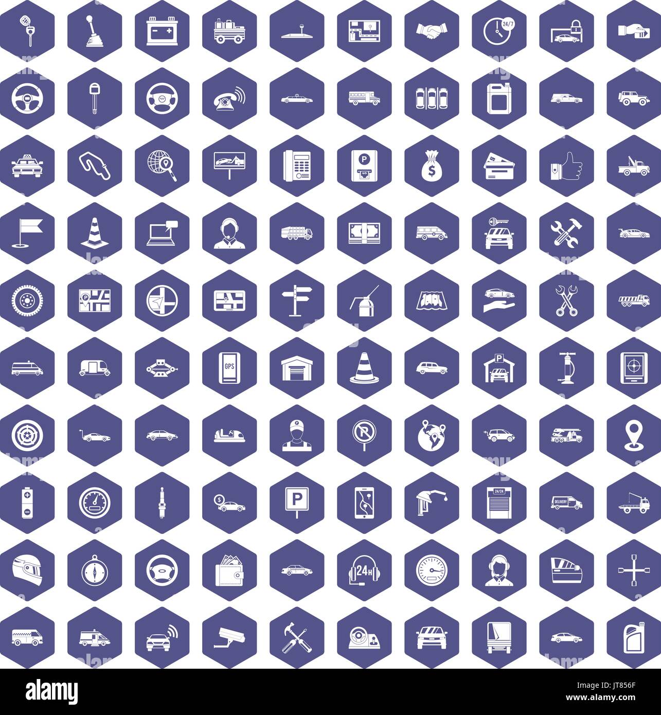 100 auto icons hexagon purple Stock Vector