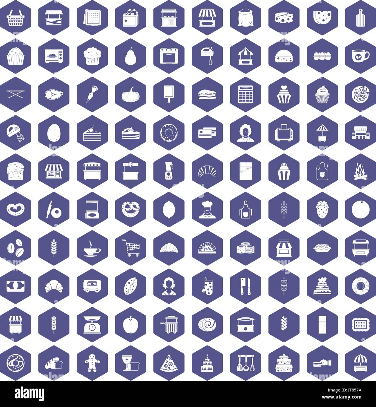 100 bakery icons hexagon purple Stock Vector