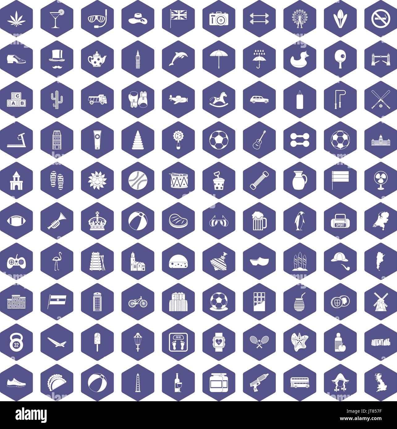 100 ball icons hexagon purple Stock Vector
