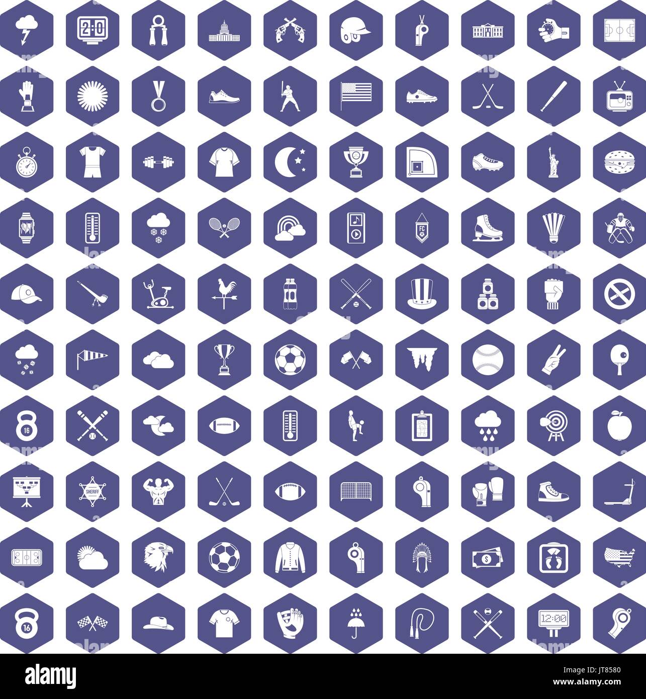 100 baseball icons hexagon purple Stock Vector