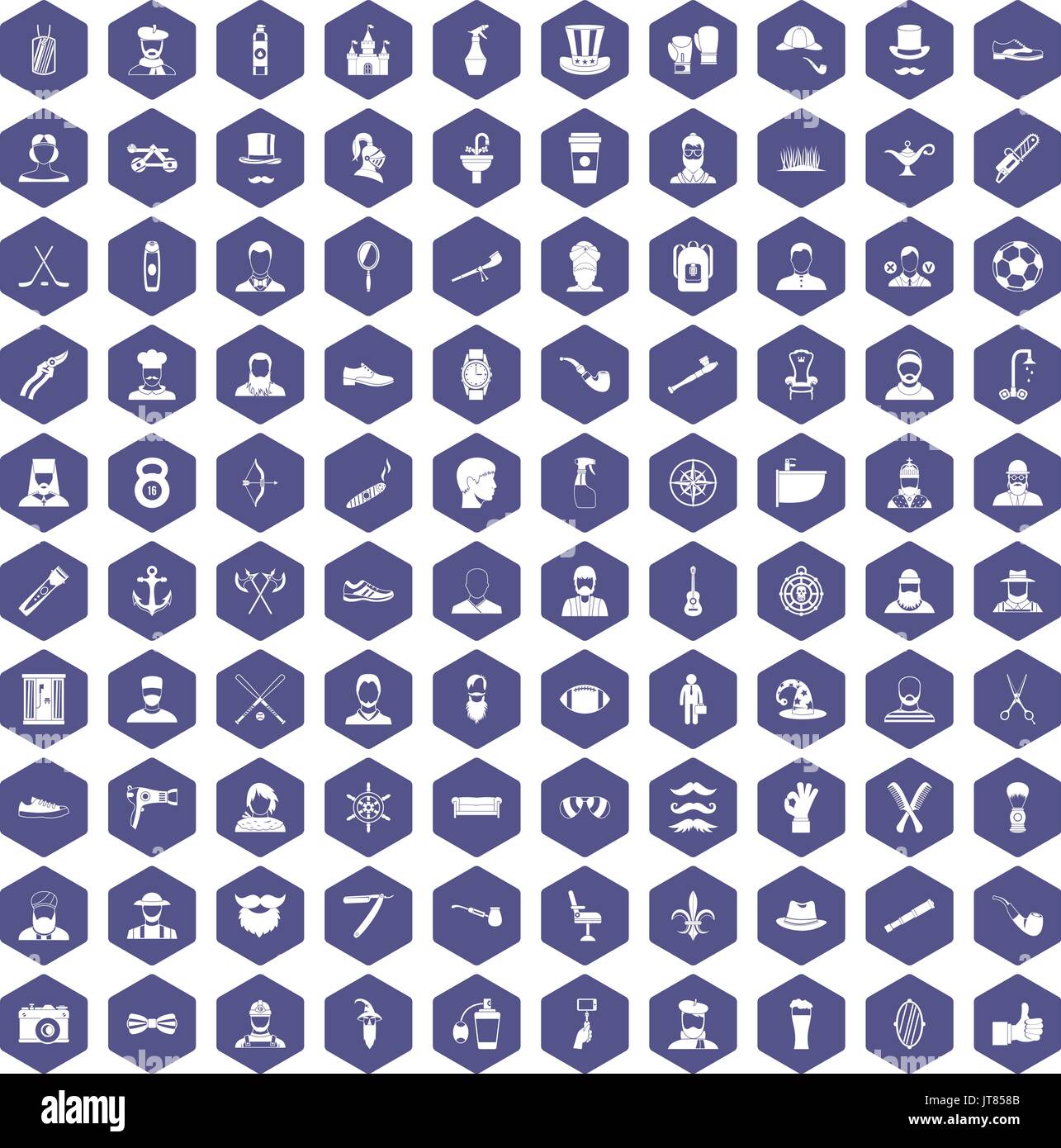 100 beard icons hexagon purple Stock Vector