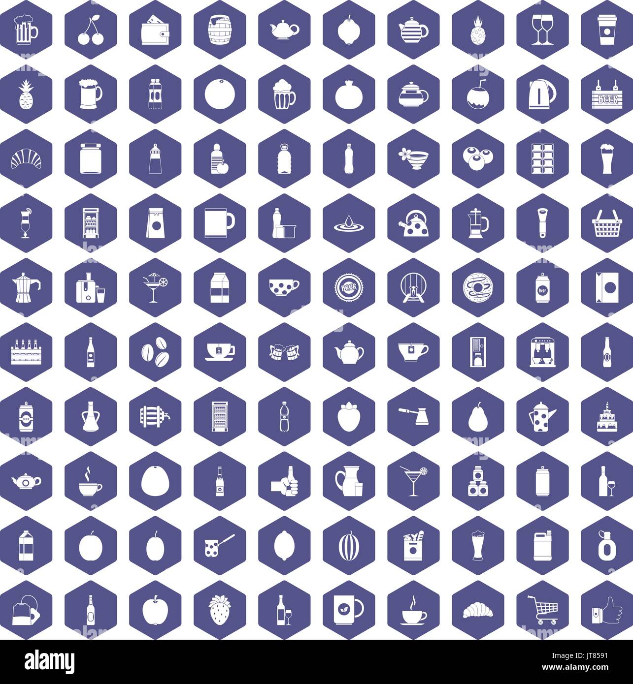 100 beverage icons hexagon purple Stock Vector