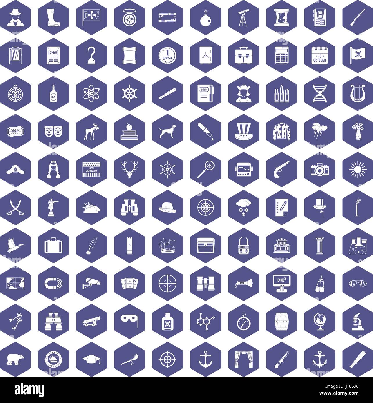 100 binoculars icons hexagon purple Stock Vector