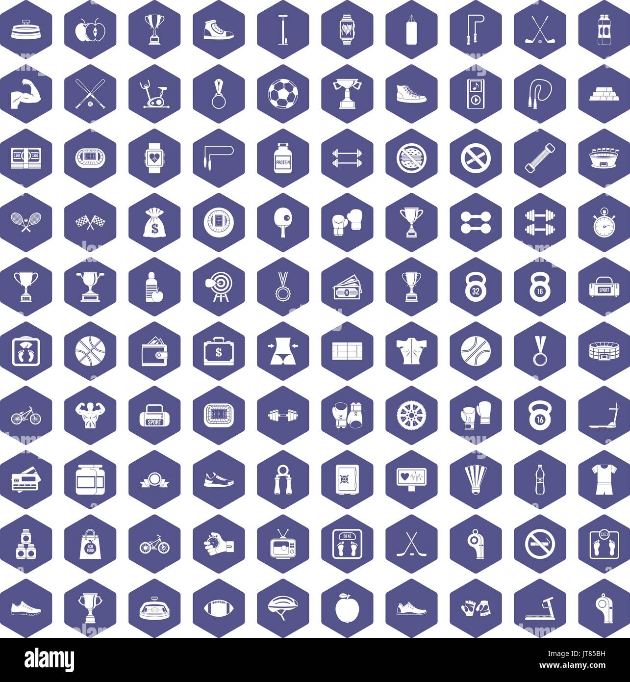 100 boxing icons hexagon purple Stock Vector