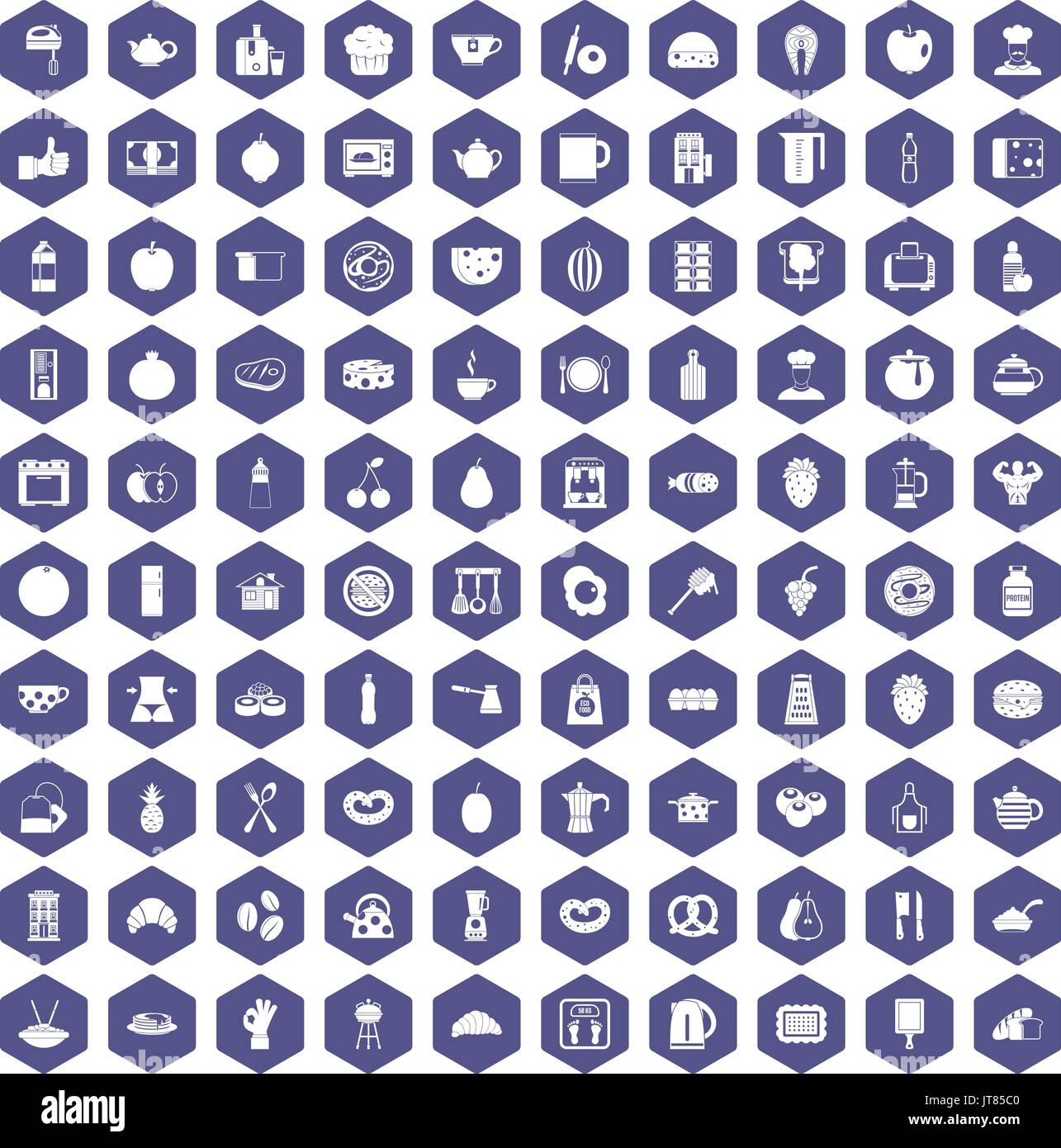 100 breakfast icons hexagon purple Stock Vector