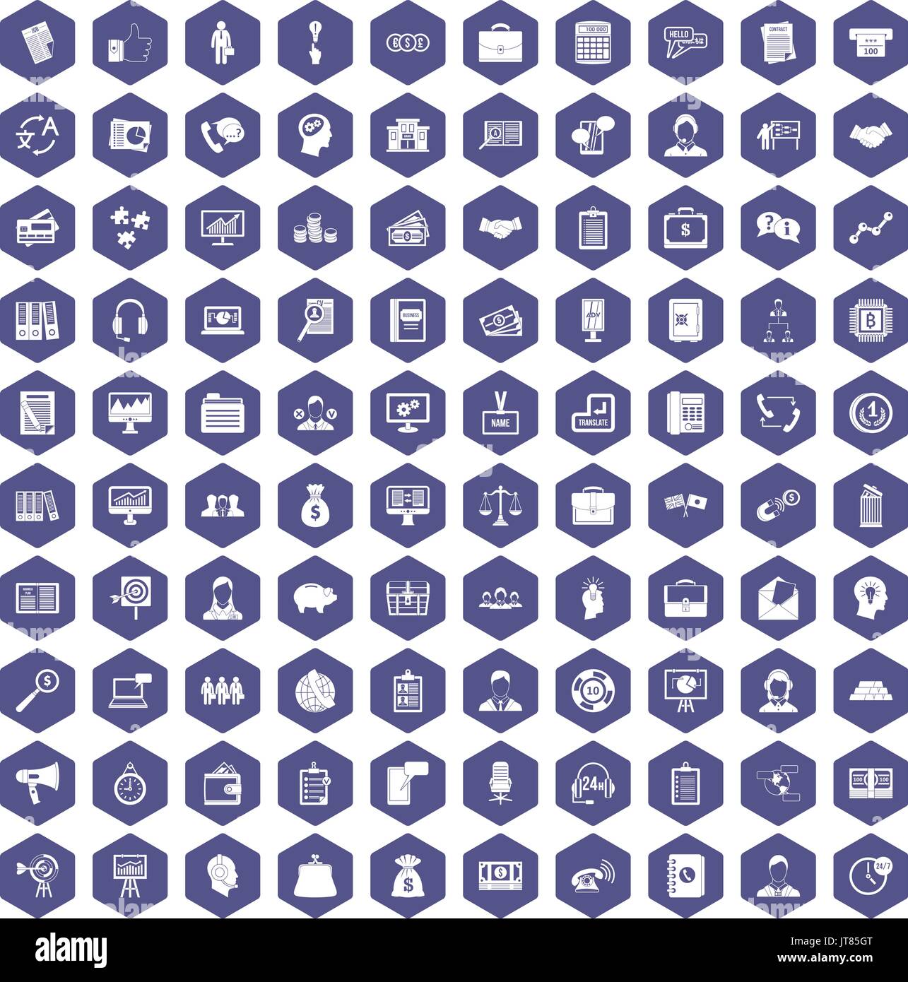 100 business people icons hexagon purple Stock Vector