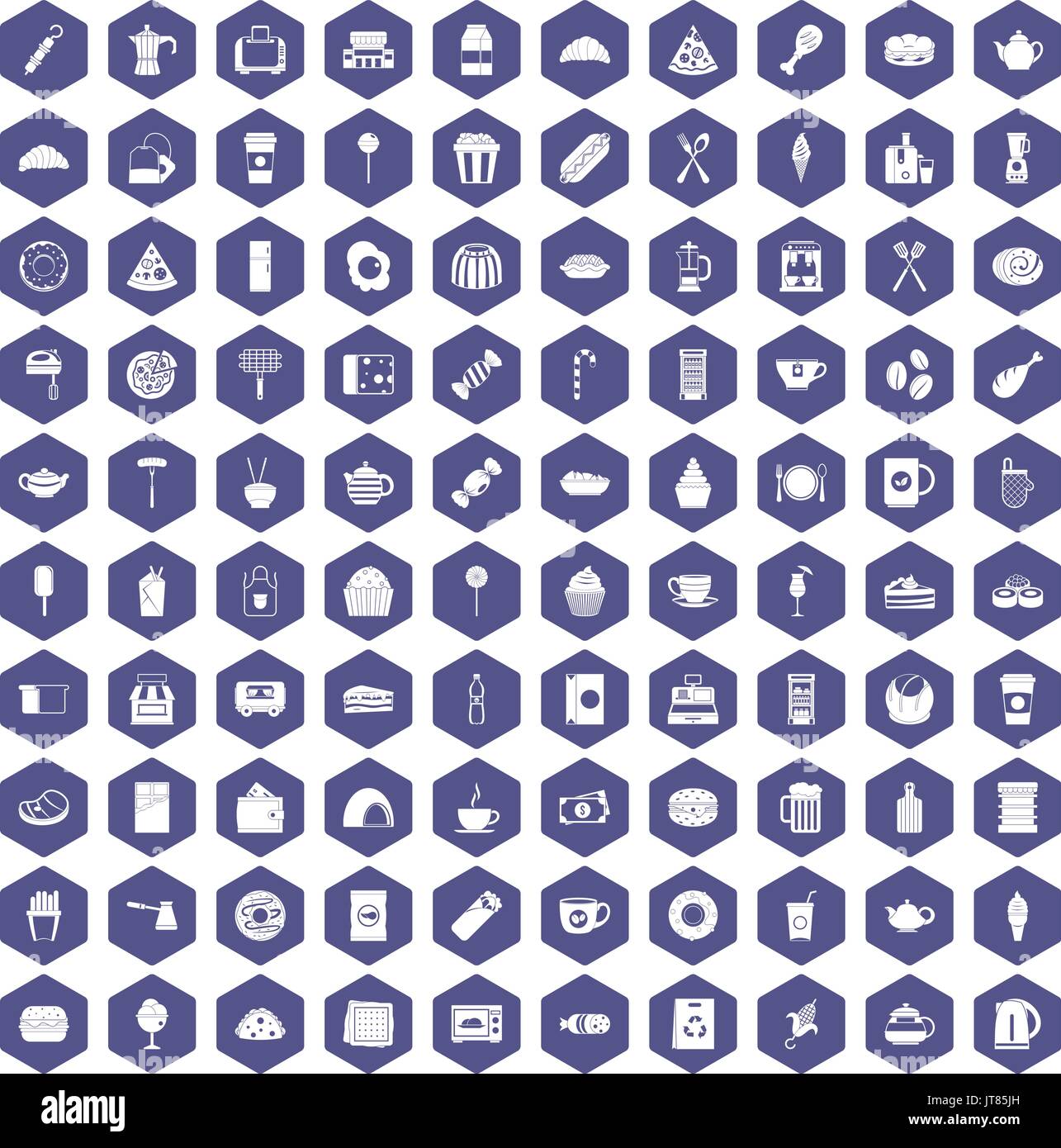 100 cafe icons hexagon purple Stock Vector