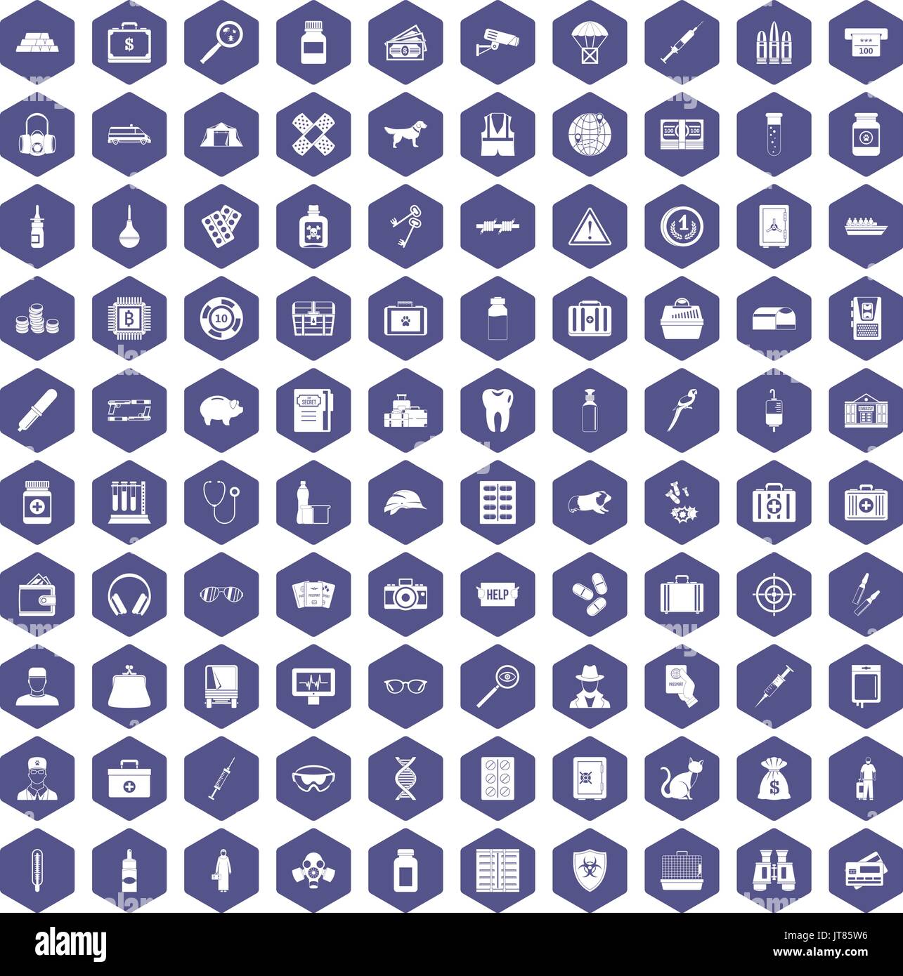 100 case icons hexagon purple Stock Vector