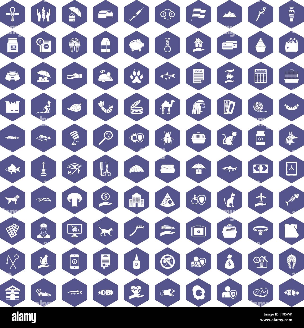 100 cat icons hexagon purple Stock Vector