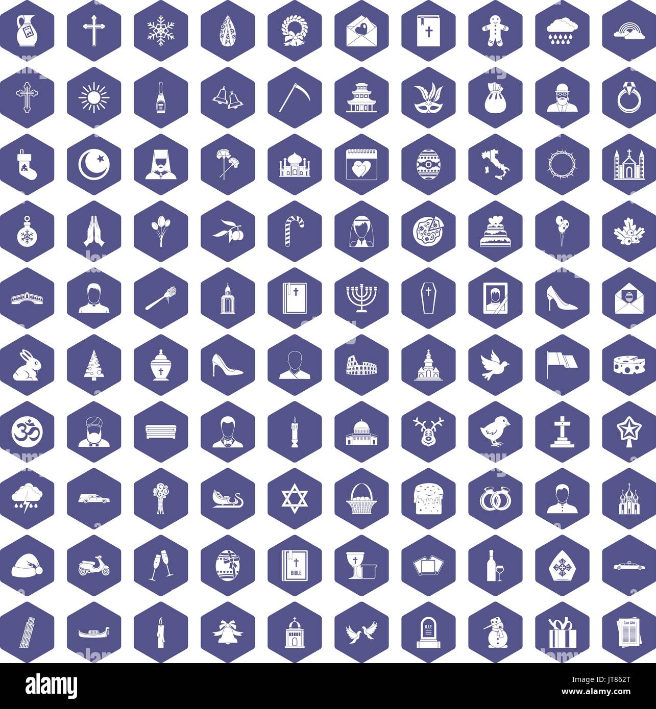 100 church icons hexagon purple Stock Vector