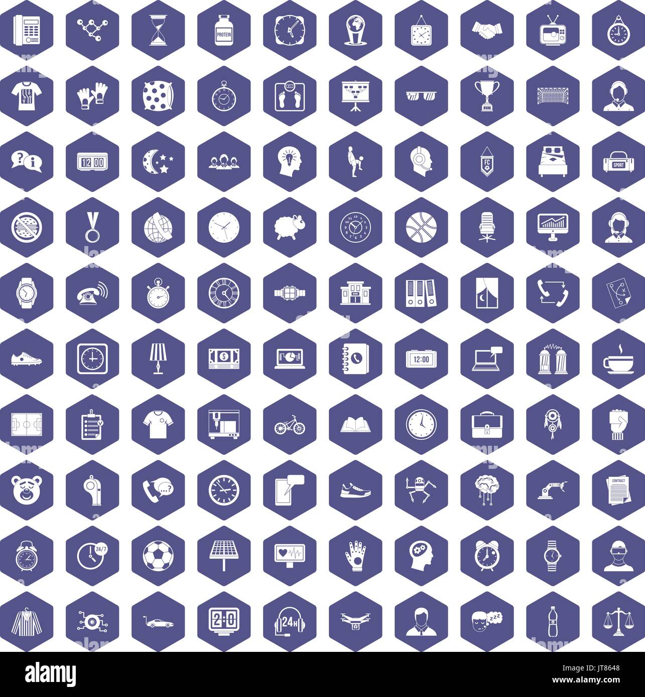 100 clock icons hexagon purple Stock Vector