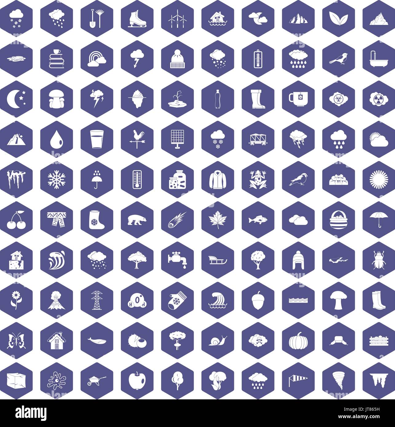 100 clouds icons hexagon purple Stock Vector