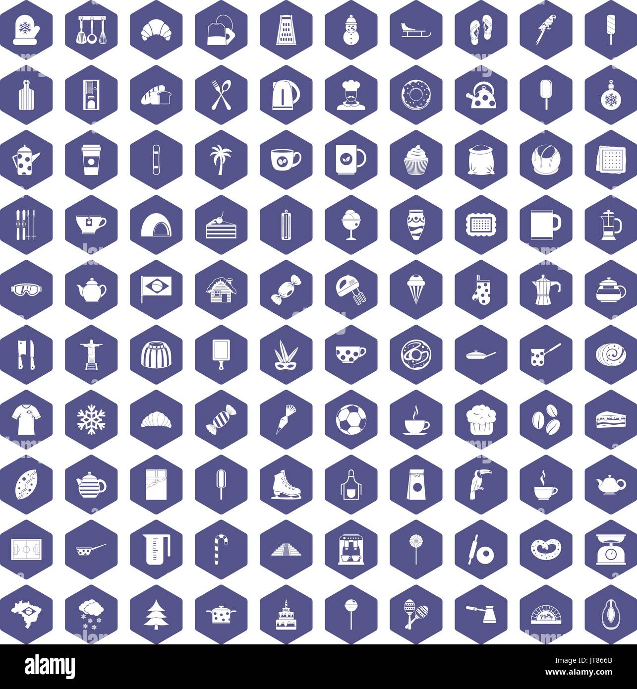 100 coffee icons hexagon purple Stock Vector