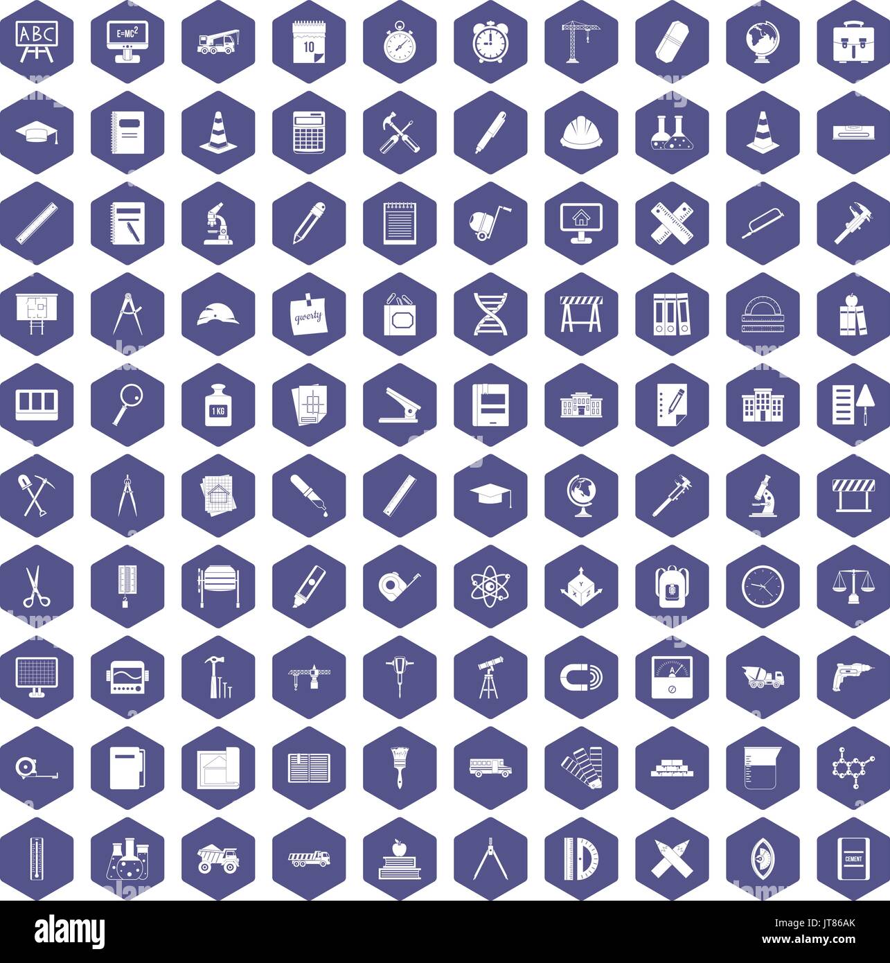 100 compass icons hexagon purple Stock Vector