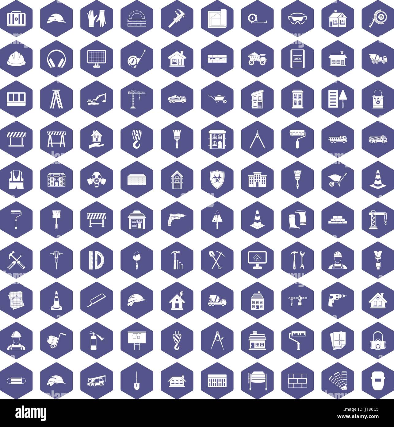 100 construction icons hexagon purple Stock Vector