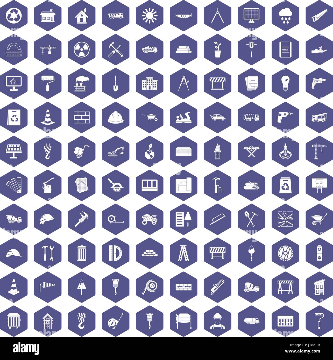 100 construction site icons hexagon purple Stock Vector