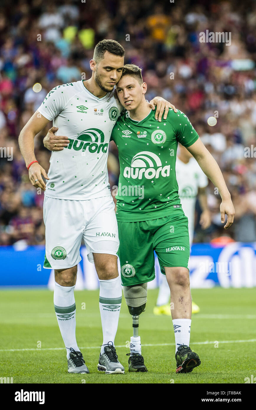 Barcelona, Catalonia, Spain. 7th Aug, 2017. Chapecoense defender NETO and Chapecoense midfielder LUIS MANUEL SEIJAS leave the field after having kicked off the 52nd Joan Gamper Trophy at the Camp Nou stadium in Barcelona Credit: Matthias Oesterle/ZUMA Wire/Alamy Live News Stock Photo