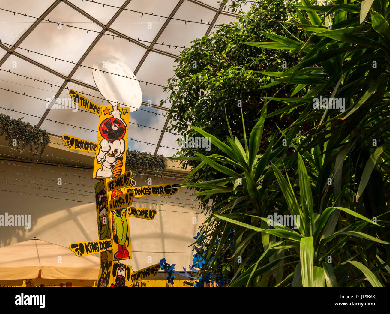 Edinburgh, Scotland, UK, August 7th 2017.  Interior of Pleasance Dome during the Fringe Festival, with signposts to different theatre venues.  In term time, University of Edinburgh Student Association Stock Photo