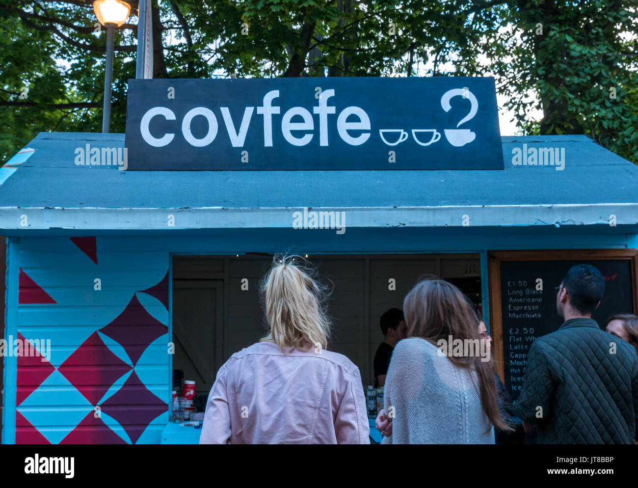 Edinburgh, Scotland, UK, August 7th 2017.  A Fringe Festival outdoor takeaway tea and coffee food outlet at George Square, named Covfefe, taking its name from Donald Trump infamous late night tweet mistake Stock Photo