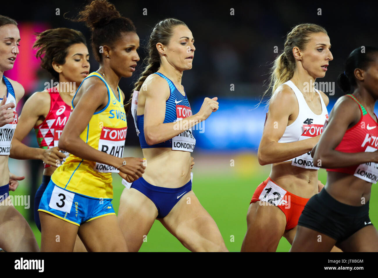 London, UK. 07th Aug, 2017. London, 2017 August 07. Eventual silver medalist Jennifer Simpson, USA, bides her time within the pack in the early stages of the women's 1,500m final on day four of the IAAF London 2017 world Championships at the London Stadium. Credit: Paul Davey/Alamy Live News Stock Photo