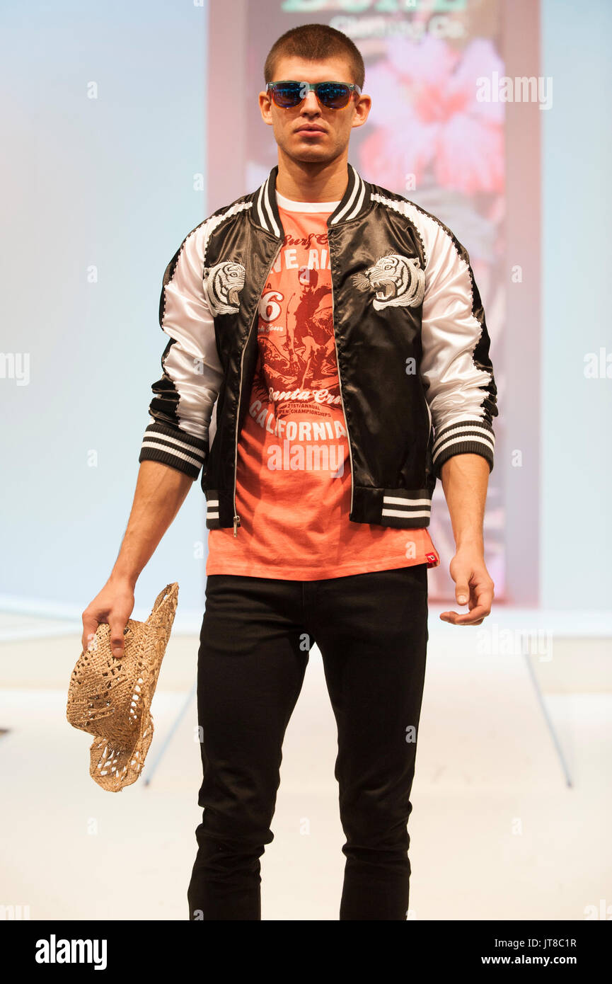 Male model wearing clothes by Duke London on the catwalk at Moda. Moda, Britain's largest trade exhibition for fashion buyers, runs between 6th-8th August 2017 at the NEC, Birmingham, UK. Featuring daily catwalks, business talks by industry and social media experts, and hundreds of trade stands, Moda encompasses womenswear, menswear, footwear, and accessories for national and international fashion buyers. High visistor numbers and brisk trade were reported across both the first and second days of the show with many brands premiering their Spring Summer 2018 ranges. 7 Stock Photo