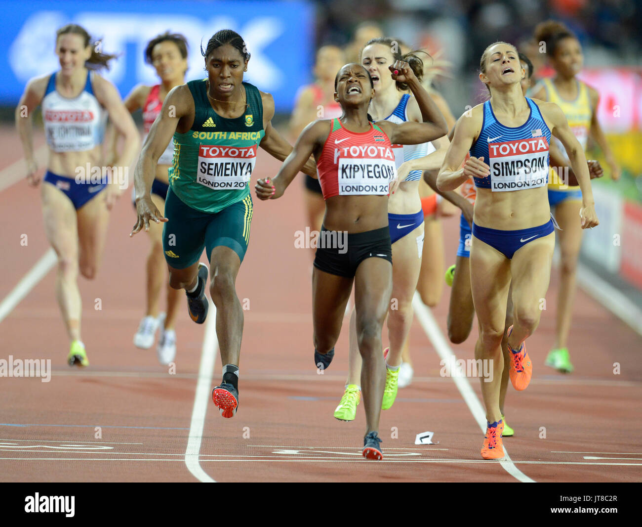 Faith Kipyegon (KEN, gold), Jenny Simpson (USA, silver), Caster Semenya (RSA, bronze). 1500 metres. IAAF Athletics World Championships, London 2017 Stock Photo