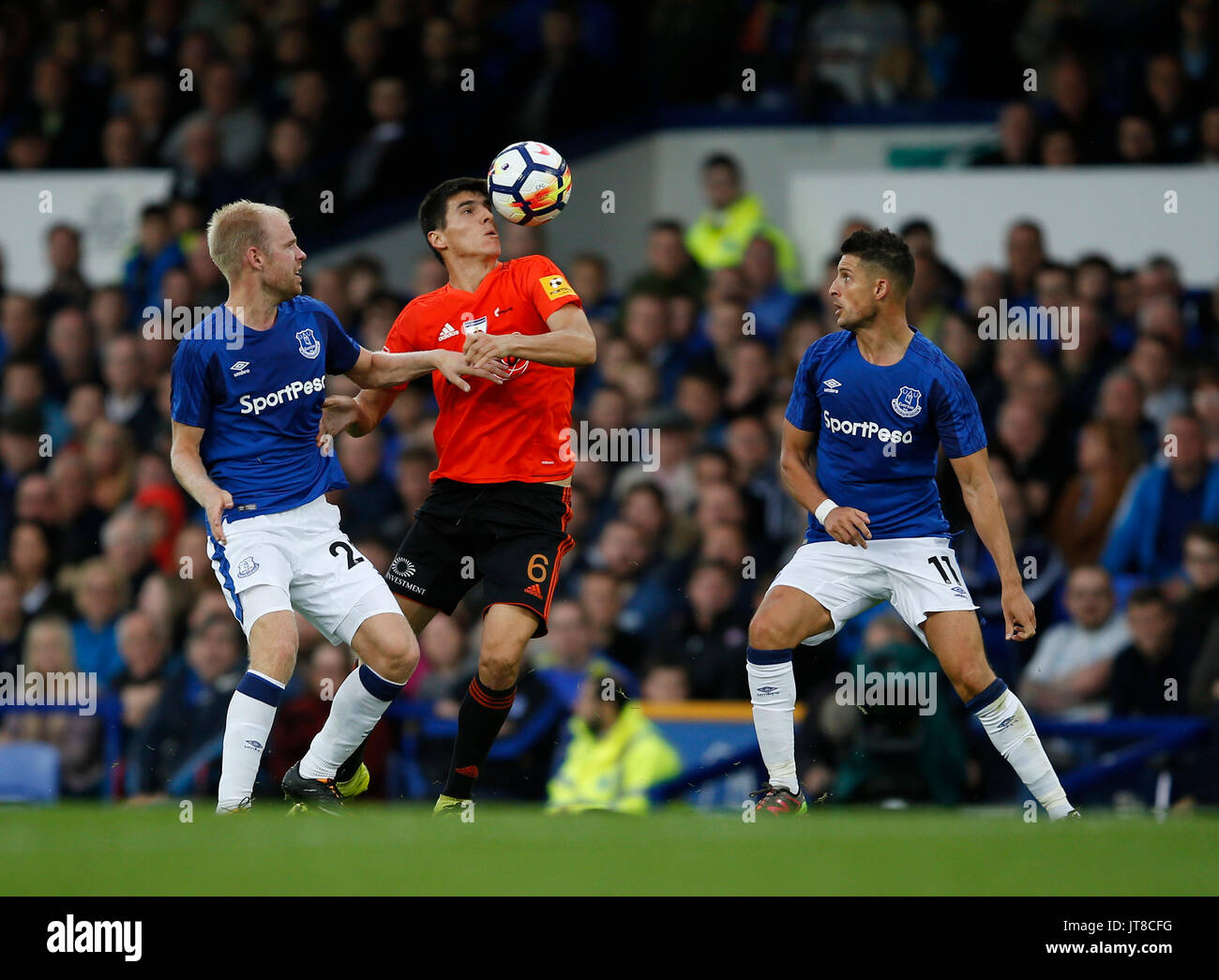 Liverpool, UK. 27th July, 2017. Kristi Qose of MFK Ruzomberok gets in between Davy Klaassen of Everton and Kevin Mirallas of Everton during the Europa League Qualifying Third Round 1st leg match at Goodison Park Stadium, Liverpool. Picture date: March 27th 2017. Pic credit should read: Simon Bellis/Sportimage/CSM/Alamy Live News Stock Photo