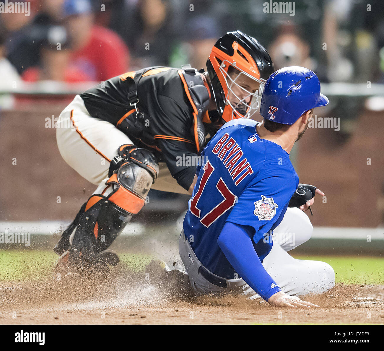 San Francisco, California, USA. 07th Aug, 2017. August 07, 2017: Chicago Cubs third baseman Kris Bryant (17) tagged out at home plate by Giants catcher Buster Posey (28) in the seventh inning, during a MLB game between the Chicago Cubs and the San Francisco Giants at AT&T Park in San Francisco, California. Valerie Shoaps/CSM Credit: Cal Sport Media/Alamy Live News Stock Photo