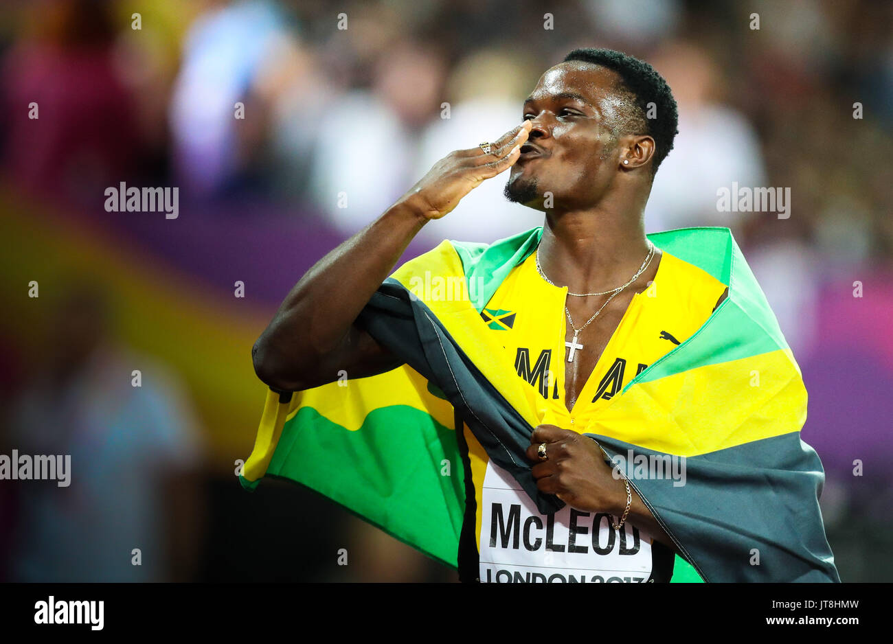 London, UK. 7th August, 2017. Men’s 110m hurdles World Champion Omar McLeod, Jamaica, celebrates