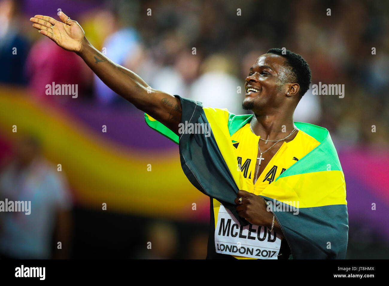 London, UK. 7th August, 2017. Men’s 110m hurdles World Champion Omar McLeod, Jamaica, celebrates