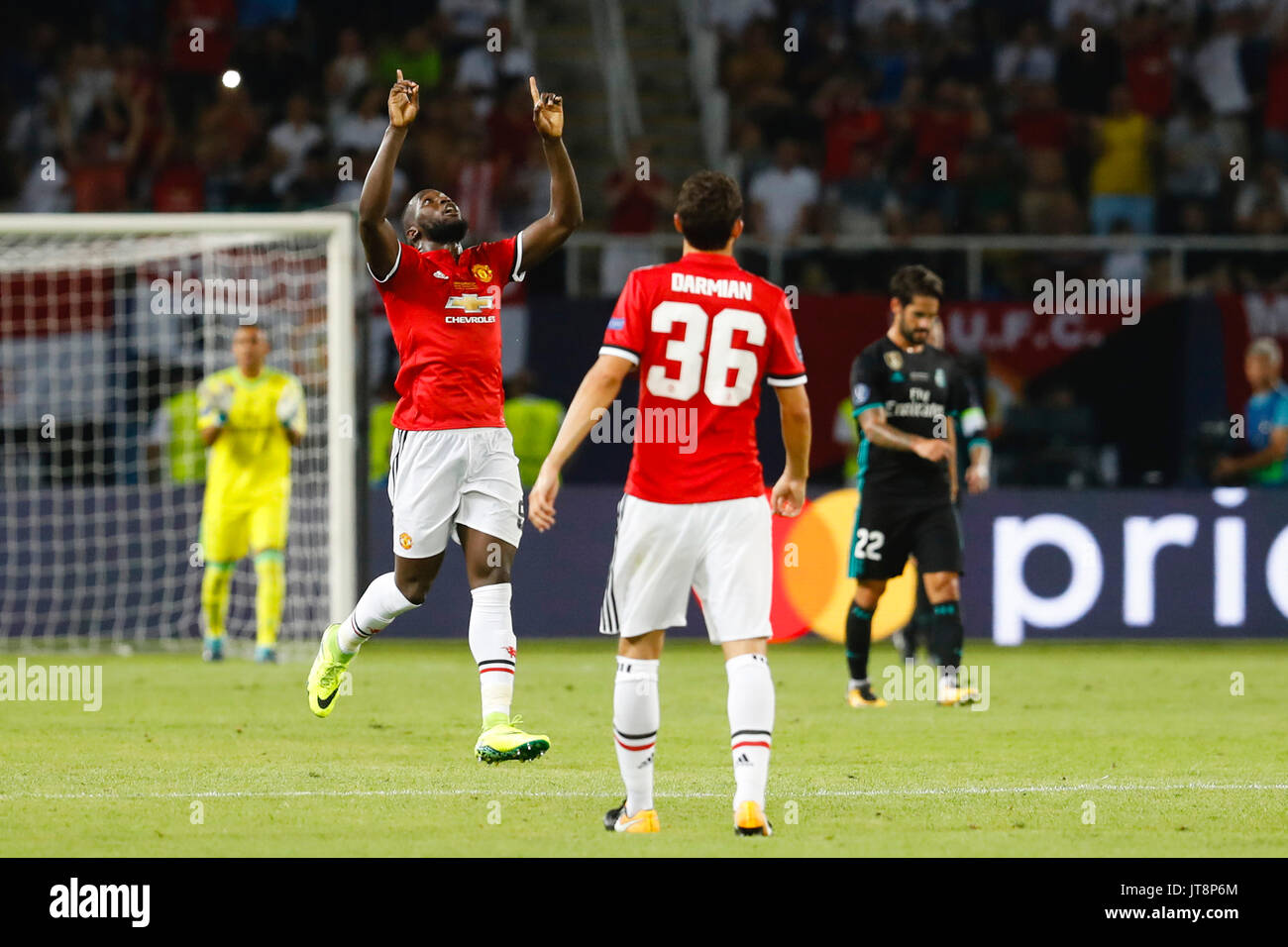 Skopje, Macedonia. 8th Aug, 2017. Romelu Lukaku (9) Manchester United's player celebrates the (1, 1) after scoring his team´s goal. UEFA SUPER CUP FINAL between Real Madrid vs Manchester United match at the Philipo II National Arena (Skopje) Macedonia, August 8, 2017 . Credit: Gtres Información más Comuniación on line, S.L./Alamy Live News Stock Photo