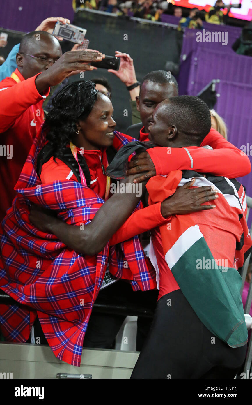 London, UK. 8th August, 2017.  Kipyegon BETT representing Kenya representing celebrating third place with spectators after the Men's 800m Final at the 2017, IAAF World Championships, Queen Elizabeth Olympic Park, Stratford, London, UK. Credit: Simon Balson/Alamy Live News Stock Photo