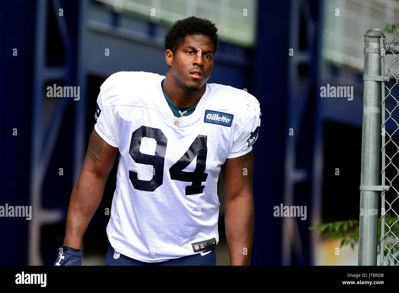 August 8, 2017: New England Patriots defensive end Kony Ealy (94) makes his way to the practice fields at the New England Patriots training camp held at Gillette Stadium, in Foxborough, Massachusetts. Eric Canha/CSM Stock Photo