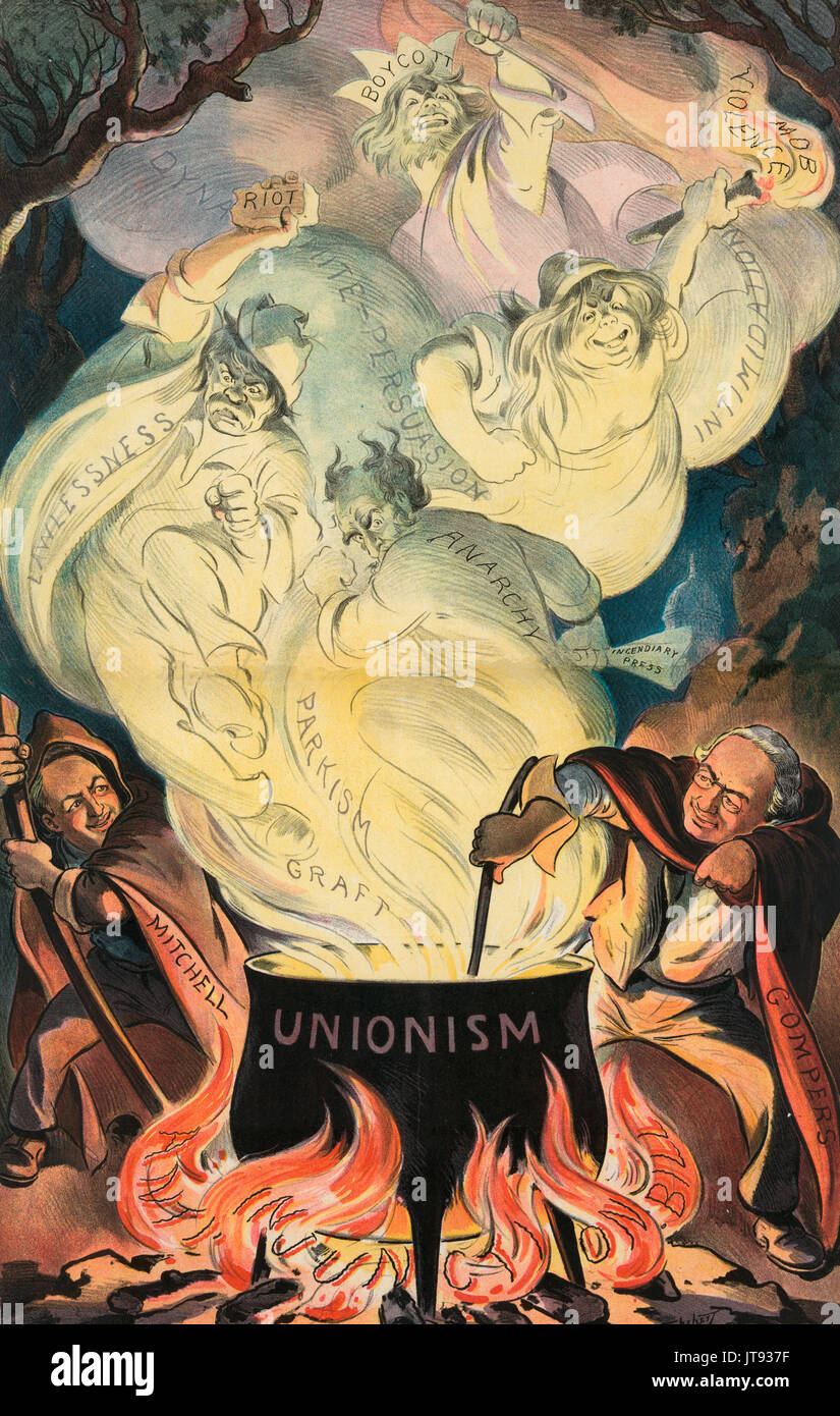 A dangerous brew -  Illustration shows John Mitchell and Samuel Gompers, representing the United Mine Workers and the American Federation of Labor, as witches stirring a 'dangerous brew' of labor violence in a cauldron labeled 'Unionism' over flames labeled 'Anti-Injunction Bill'. Steam rising from the pot is filled with threatening human figures and the words 'Boycott, Mob Violence, Intimidation, Dynamite-Persuasion, Riot, Lawlessness, Anarchy, Parkism, Graft, and Incendiary Press'. Political Anti Union Cartoon, 1904 Stock Photo