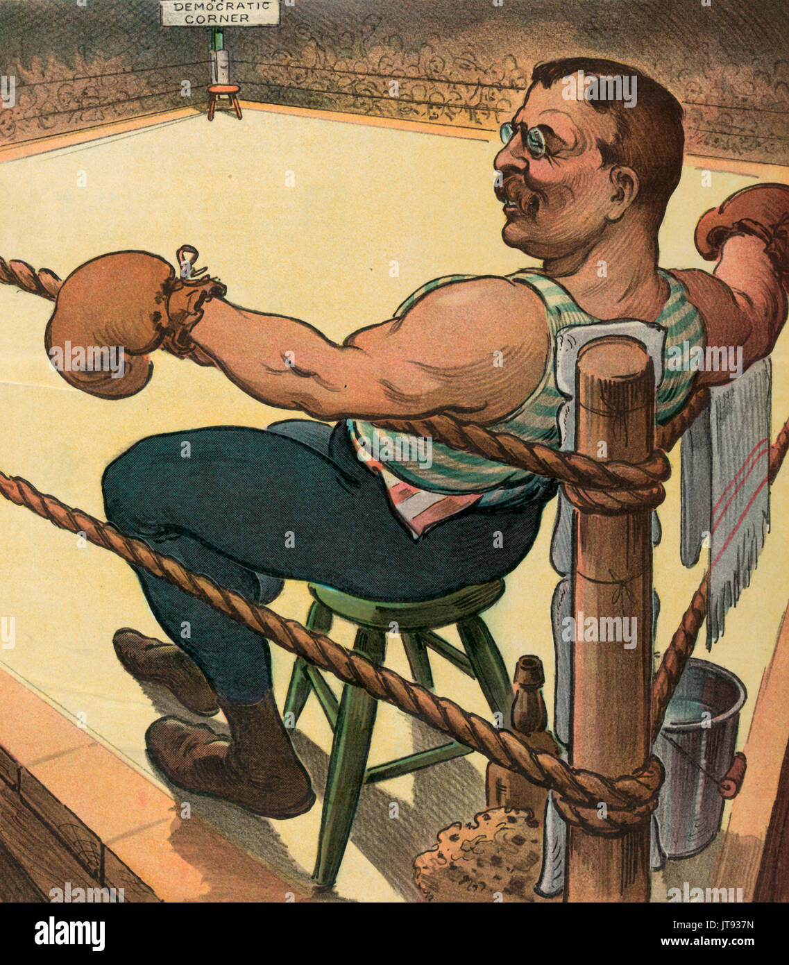 'Terrible Teddy' waits for 'the unknown'.  Illustration shows President Theodore Roosevelt as a boxer sitting on a stool with his arms resting on the ropes in the near corner of a boxing ring, waiting for a challenger to enter the ring and sit in the vacant chair in the 'Democratic Corner'. Political Cartoon, 1904 Stock Photo
